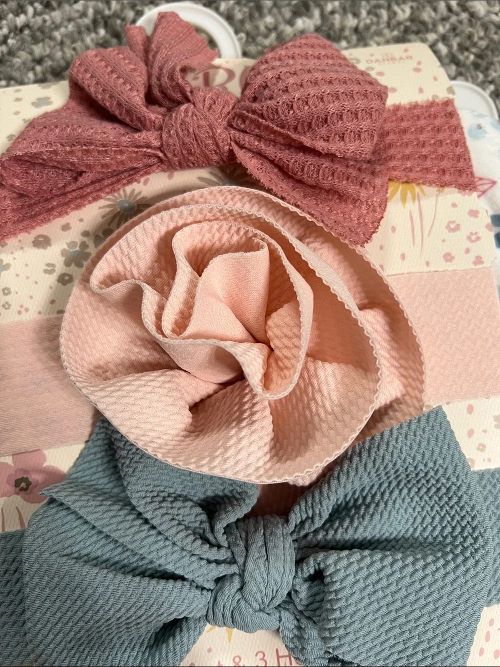 Floral Baby Blanket with 3 Knotted Headbands - Pink, Dusty Rose & Blue Gray